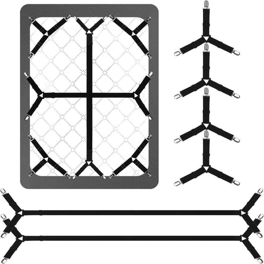 Bedlakenriemen 6 stuks veilige en passende lakenriemen voor een tweepersoonsbed verstelbare lakenklemmen elastische sluitingen en houders voor hoeken verbeter uw slaapervaring (zwart)