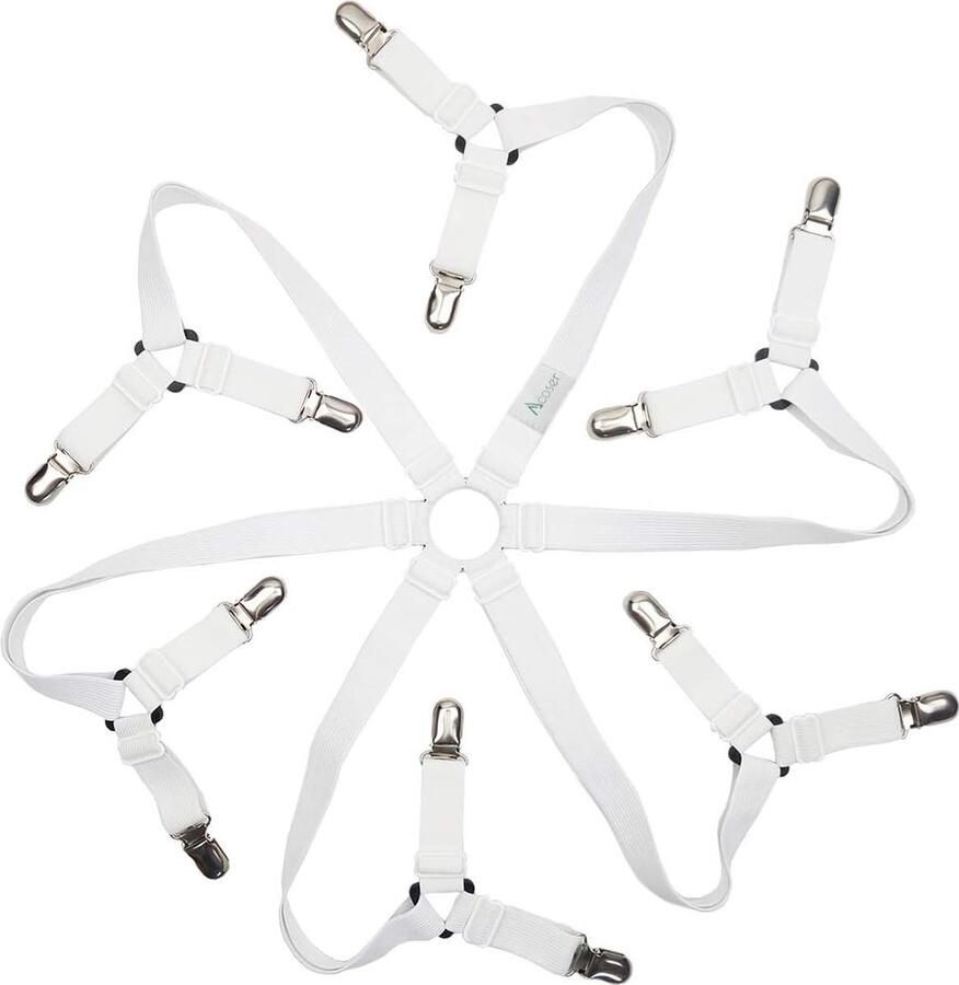 Bedlakenspanner spanbanden met metalen klemmen 6-zijdige driehoek verstelbare lakenspanner voor ronde en vierkante matrassen bedlaken bank tafelkleden wit