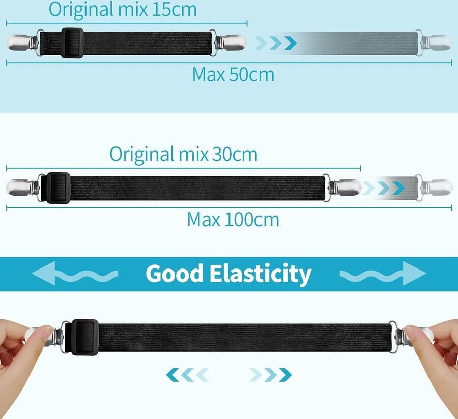 Bedlakenspanner verstelbaar 8 stuks hoeslakens spanbanden met metalen clips elastische bedlakenspanner zwarte lakenspanner voor lakens matras strijkplank of bank