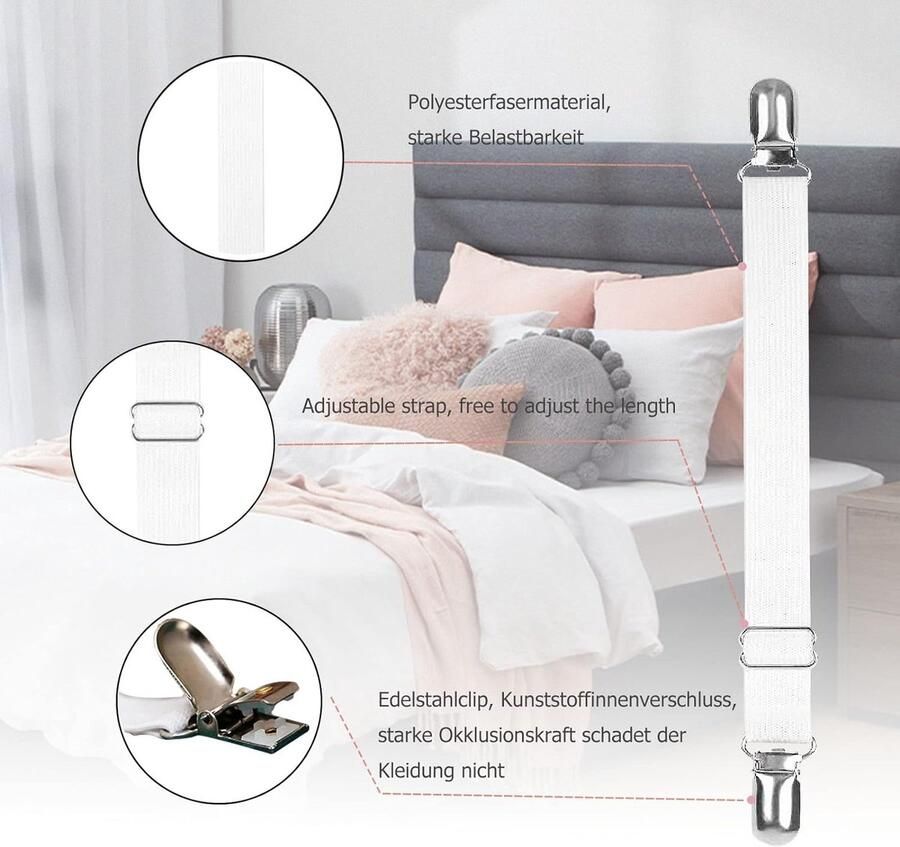 Bedlakenspanner verstelbare lakenspanner met metalen klemmen voor lakens matrassen of banken wit 8 stuks