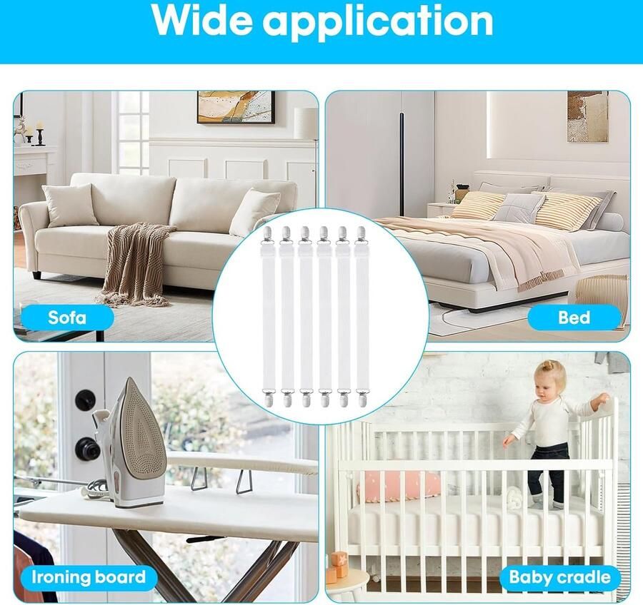 Bedlakklemmen 55-250 cm verstelbare bedlakenspanners 6 stuks witte elastische bedlakenspanners voor beddengoed laken matras strijkplank of bank