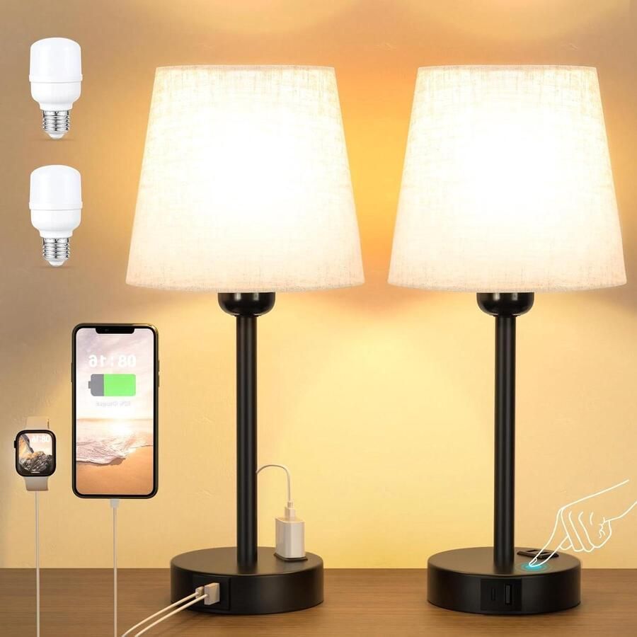 Bedlampje met touchscreen USB-C-poorten + AC-aansluiting 2 stuks tafellampen dimbaar 3-weg lampenkap voor slaapkamer kinderkamer kantoor (lampen inbegrepen)