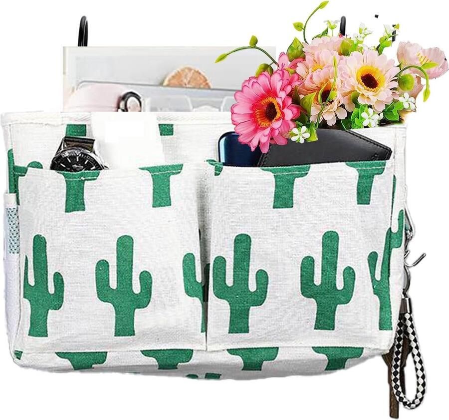 Bedorganizer bedtas met donkere haak hangtas stapelbed opbergtas voor boek tijdschrift mobiele telefoon koptelefoon bedopslag (groen en wit)