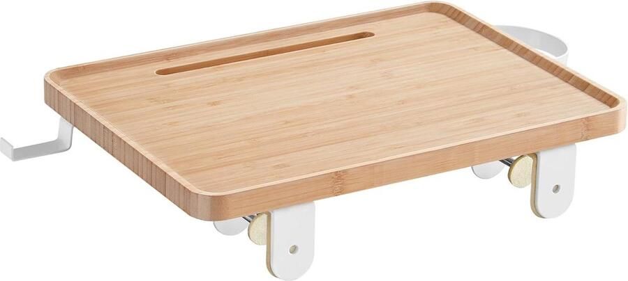 Bedplank nachtkastje om op te hangen met sleuf voor mobiele telefoon en bekerhouder draaibaar en verstelbaar met klemmen naturel beige LET301N03 Beside shelf