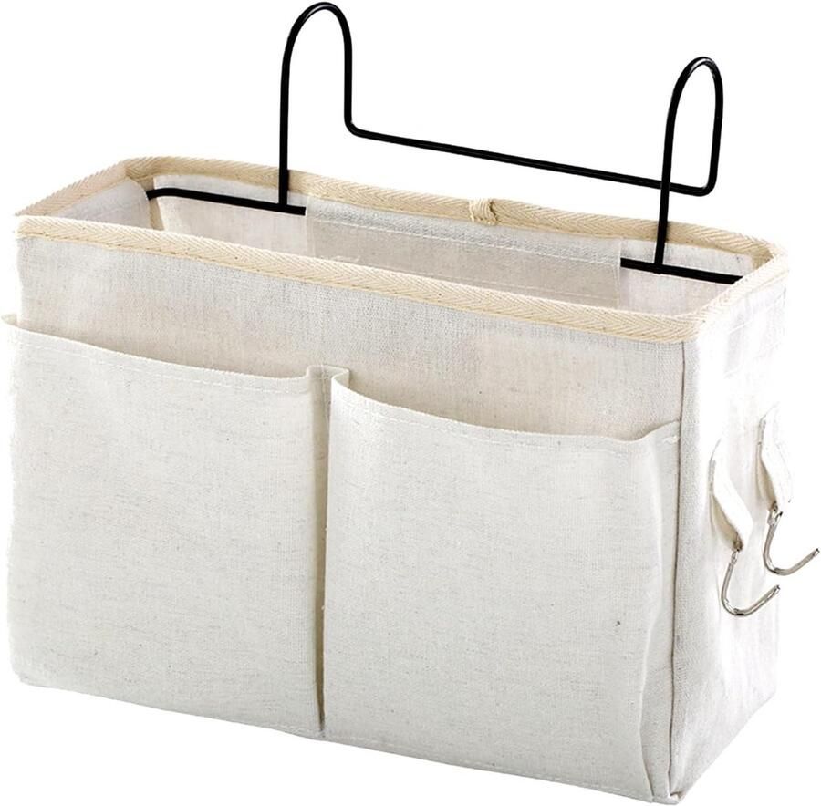 Bedside Pocket Bed Opbergzak Hangende opberger Katoenen en Linnen Canvas Multifunctionele Opbergtas Afneembaar Met Verschillende Vakjes en Haakjes Voor Books Magazines Phone 30*10.5*18CM Beige