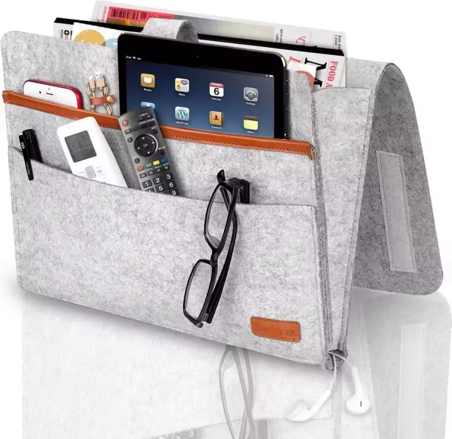 Bedside Pocket Vilten Opbergzak voor Bed of Bank – Bed Organizer – Bank Organizer – Opbergcase Magazine opberger – Lichtgrijs Gratis Schoenen Zak
