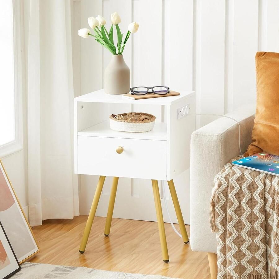 Bedside Table with Charging Station Drawer and Open Compartment Bedroom Side Table 28 x 38 x 60 White and Gold
