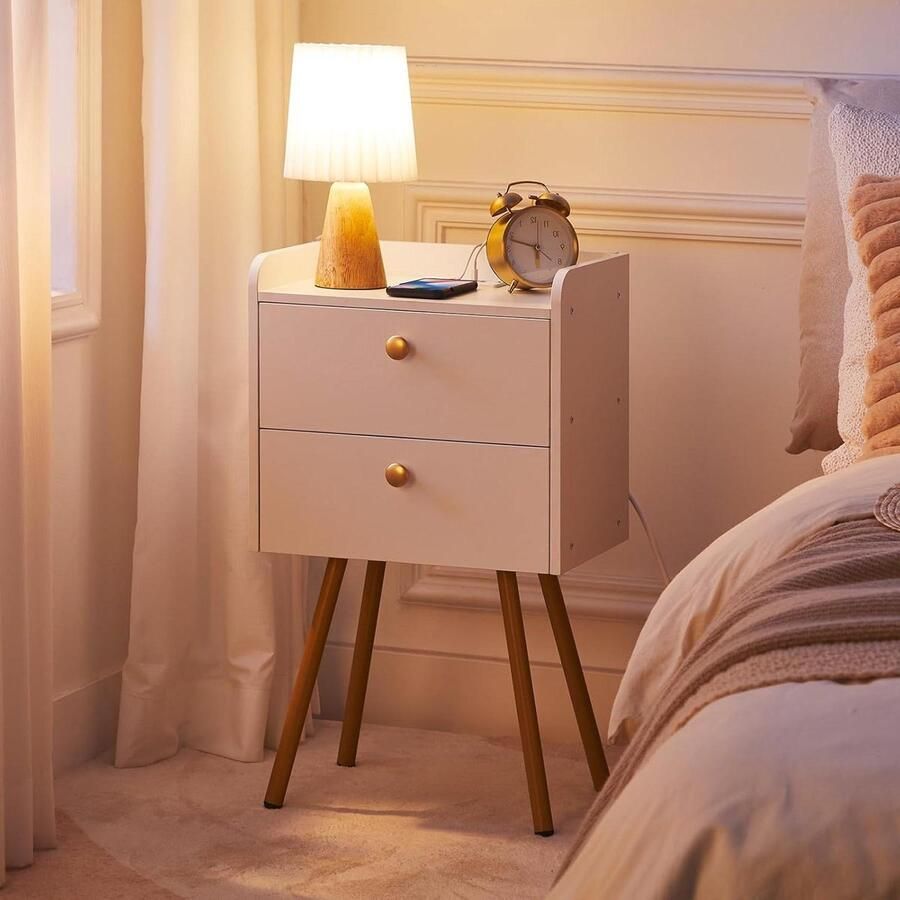 Bedside Tables with Charging Station Folding Drawers Bedroom Side Table White and Gold