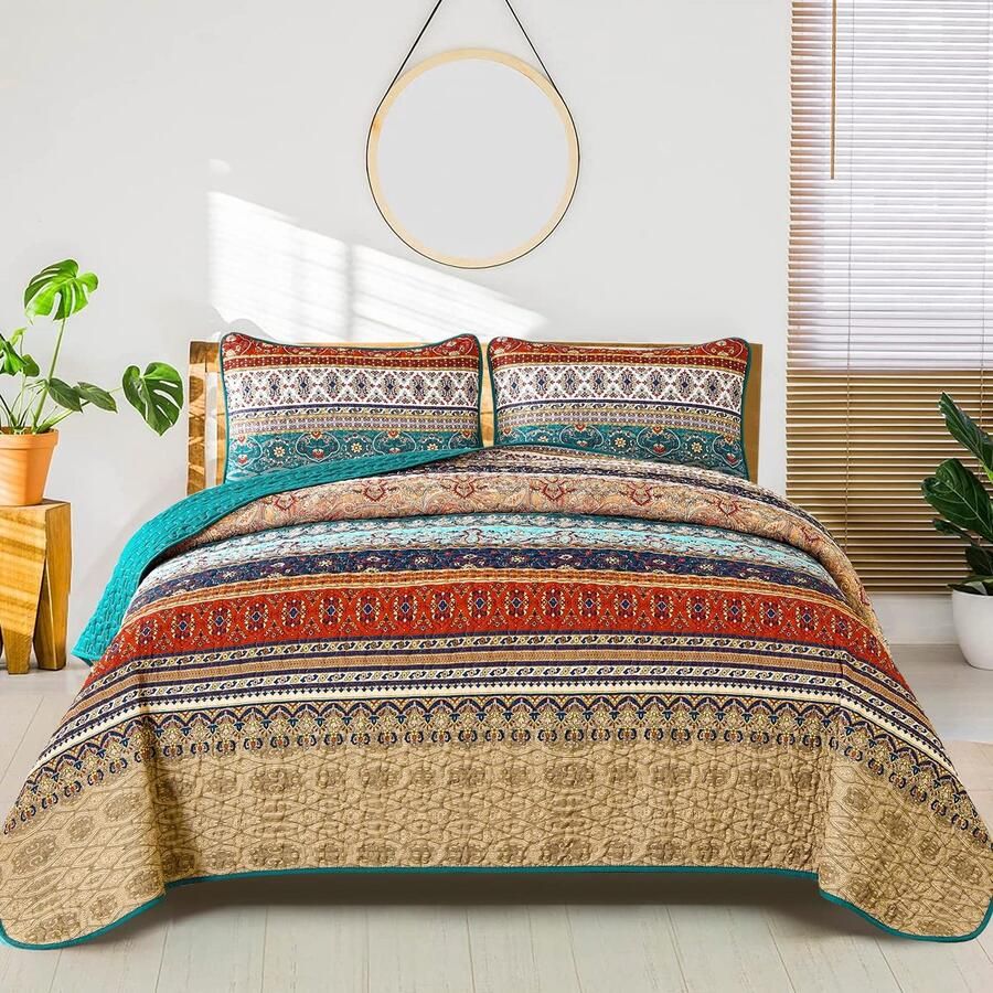 WONGS BEDDING Bedsprei 240x260 Bedsprei Boho Deken Gewatteerde Deken 3-delig Tweepersoonsbed Gewatteerd Dekbed Microvezel Deken met 2 Kussenslopen 50x75 voor Slaapkamer als Banksprei (Bruin)