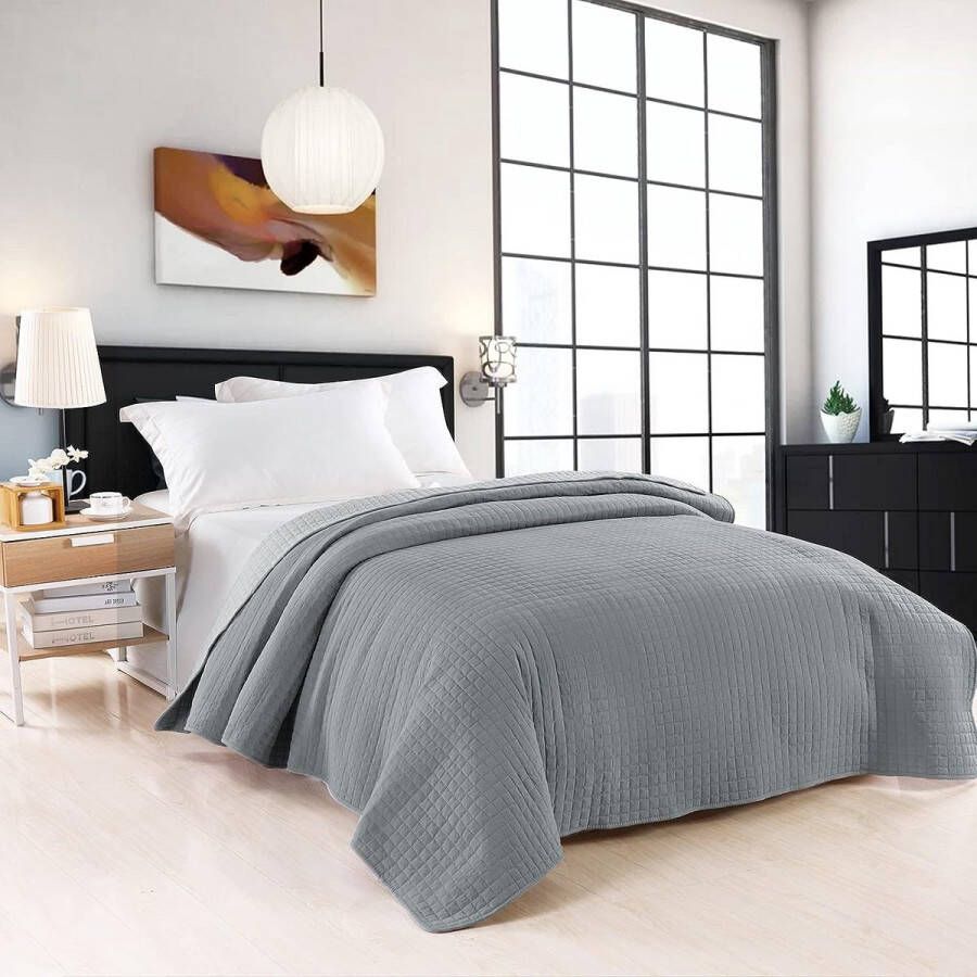 Bedsprei Dekbedsprei Sprei Gewatteerde Deken Tweepersoonsbed Omkeerbaar Design Geruit 170 x 210 cm Grijs