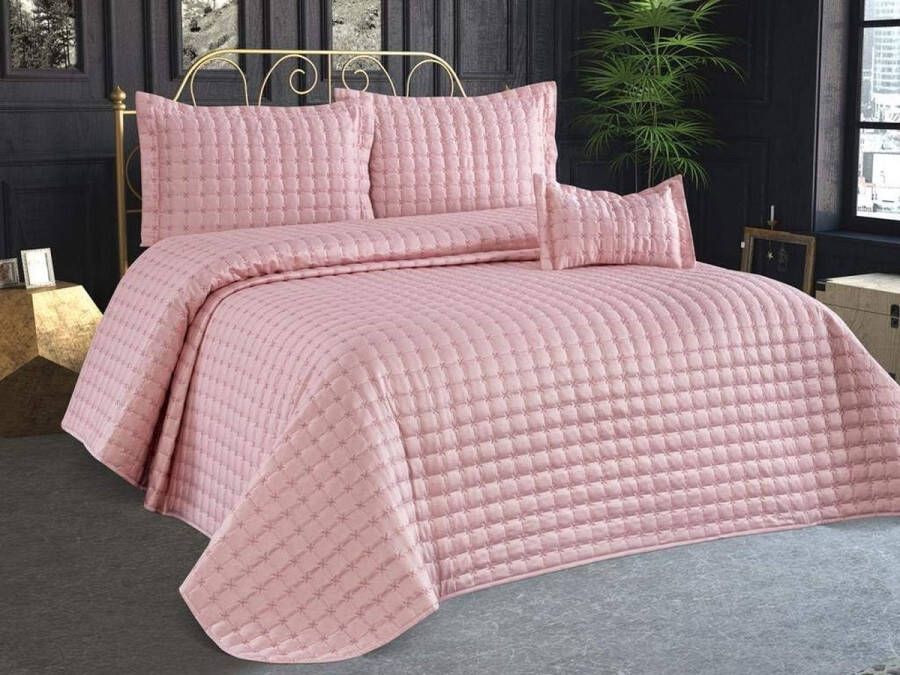 Bedspreienset katoensatijn sprei tweepersoonsbed 260 x 260 cm gewatteerde deken met kussen 60 x 80 cm banksprei gewatteerde deken het hele jaar door (poeder)