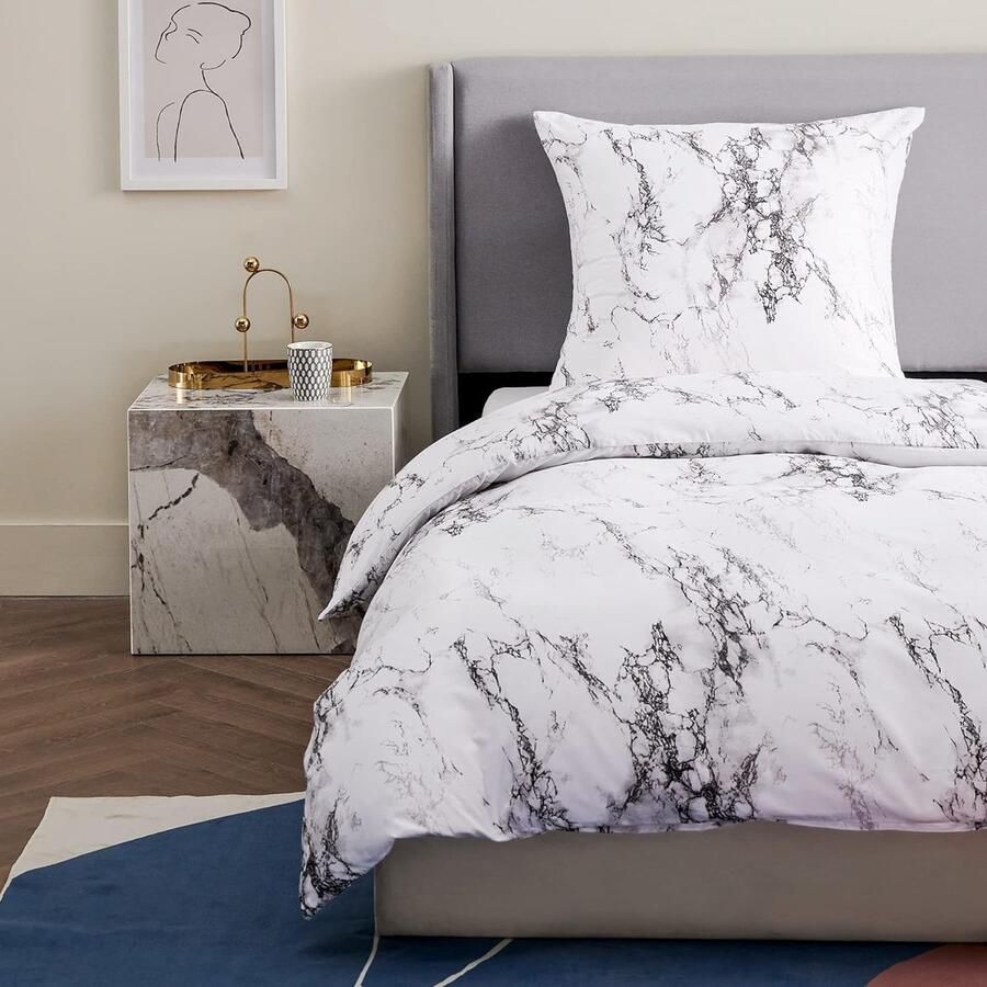 Bedsure Bed Linen 135 x 200 cm Microfibre 2-Piece Duvet Cover 135 x 200 cm Set of 2 with 80 x 80 cm Pillowcase Marble White for Single Bed with Zip