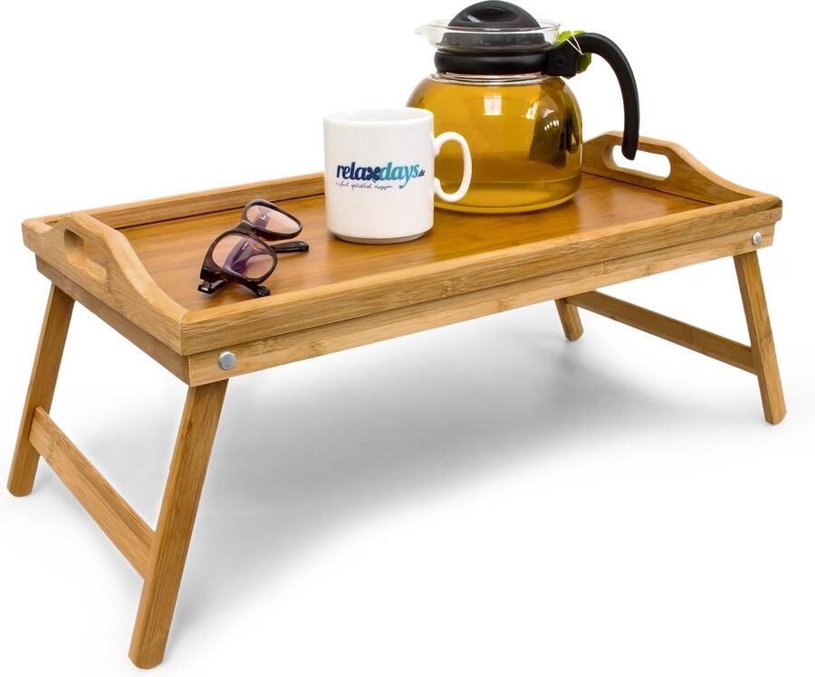 Relaxdays 2x bedtafel bamboe inklapbaar dienblad op poten ontbijt op bed handgrepen - Foto 2