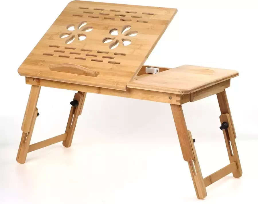 Bedtafel met Ventilatieopeningen- van bamboe Laptoptafel verstelbaar opvouwbare met lade voor lezen of ontbijt en tekentafel voor bed -55 x 35cm