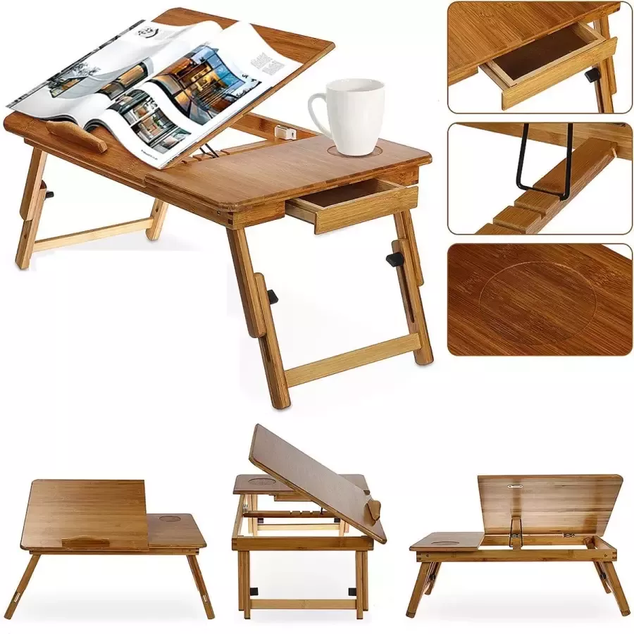 Bedtafel van bamboe Laptoptafel verstelbaar opvouwbare met lade voor lezen of ontbijt en tekentafel voor bed