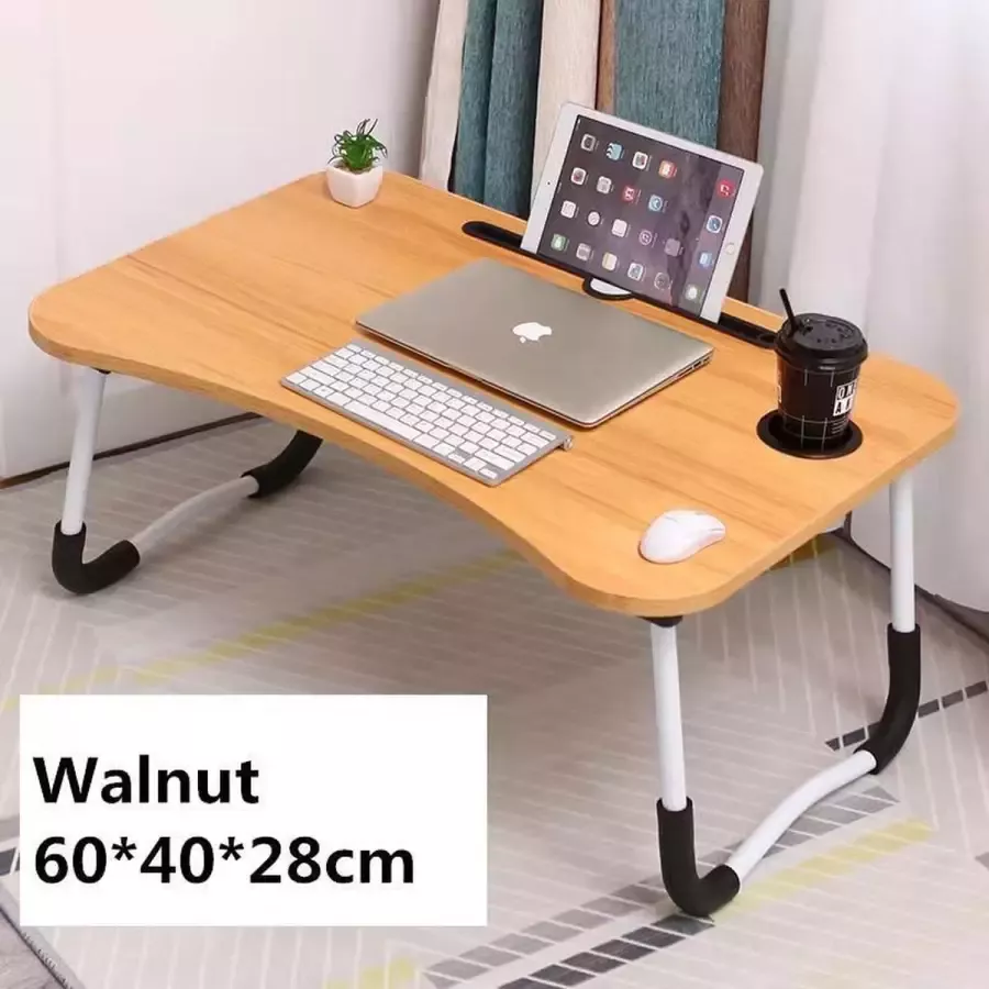 Bedtafel voor laptop iPad tablet boek huiswerk of ontbijt op bed Opvouwbare laptop tafel met bekerhouder 60x40x28 hout