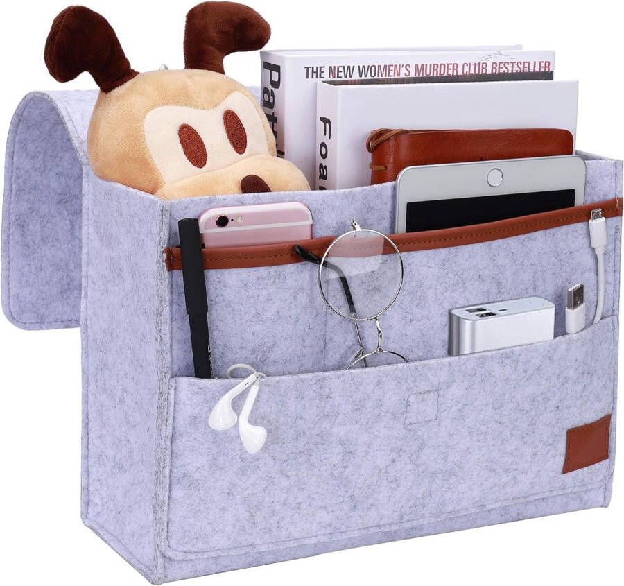 Bedzak vilten bedcaddy-organizer om op te hangen nachtkastjetas slaapbank dik vilt met kabelgaten antislip voor boek tijdschriften iPad mobiele telefoon afstandsbediening lichtgrijs