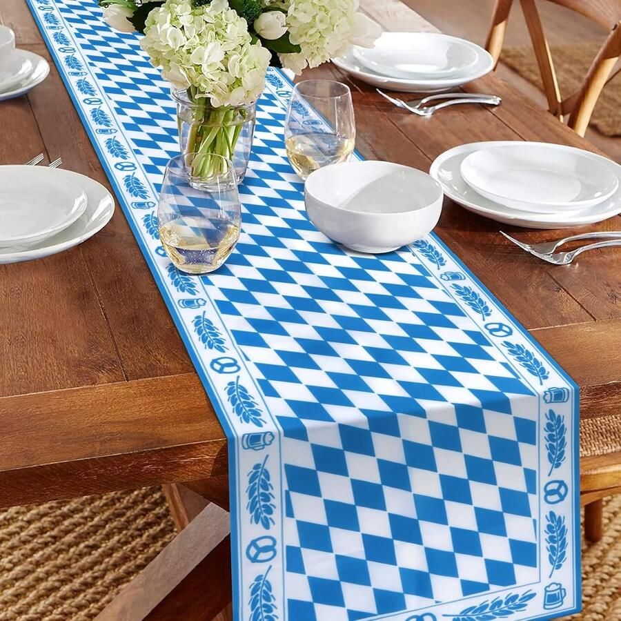 Beierse Tafelloper Oktoberfest Decoratie 1 stuk Blauw-wit Polyester 35 5 x 183 cm
