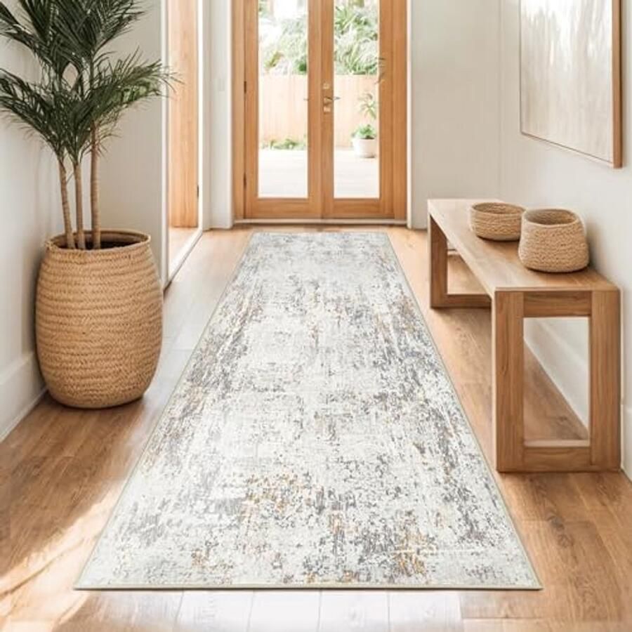 Beige Abstract Runner Tapijt 80 x 200 cm Wasbaar Antislip en Minimalistisch