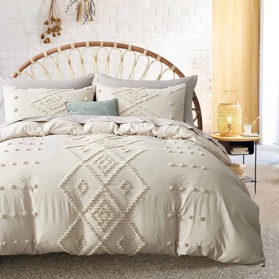 Beige beddengoed 220 x 240 cm gewassen katoen handgemaakt borduurwerk shabby chic getuft boho tweepersoonsbed dekbedovertrek met ritssluiting en 2 kussenslopen 80 x 80 cm