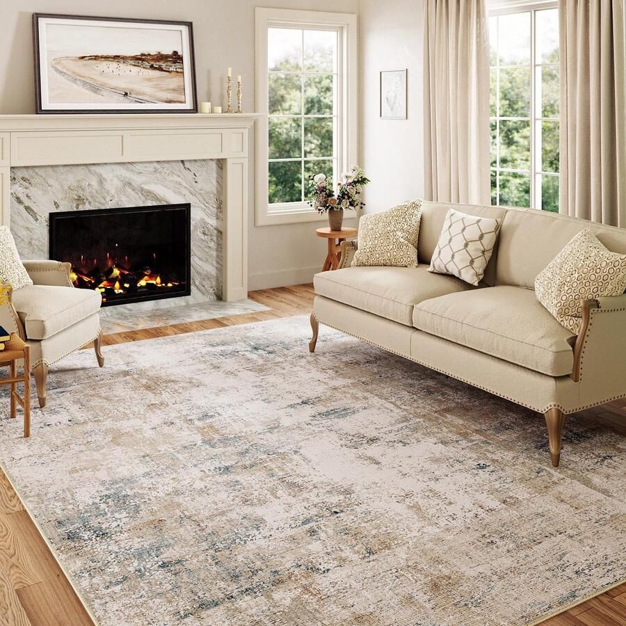 Beige Blauw Vloerkleed 150x210cm Modern Abstract Antislip