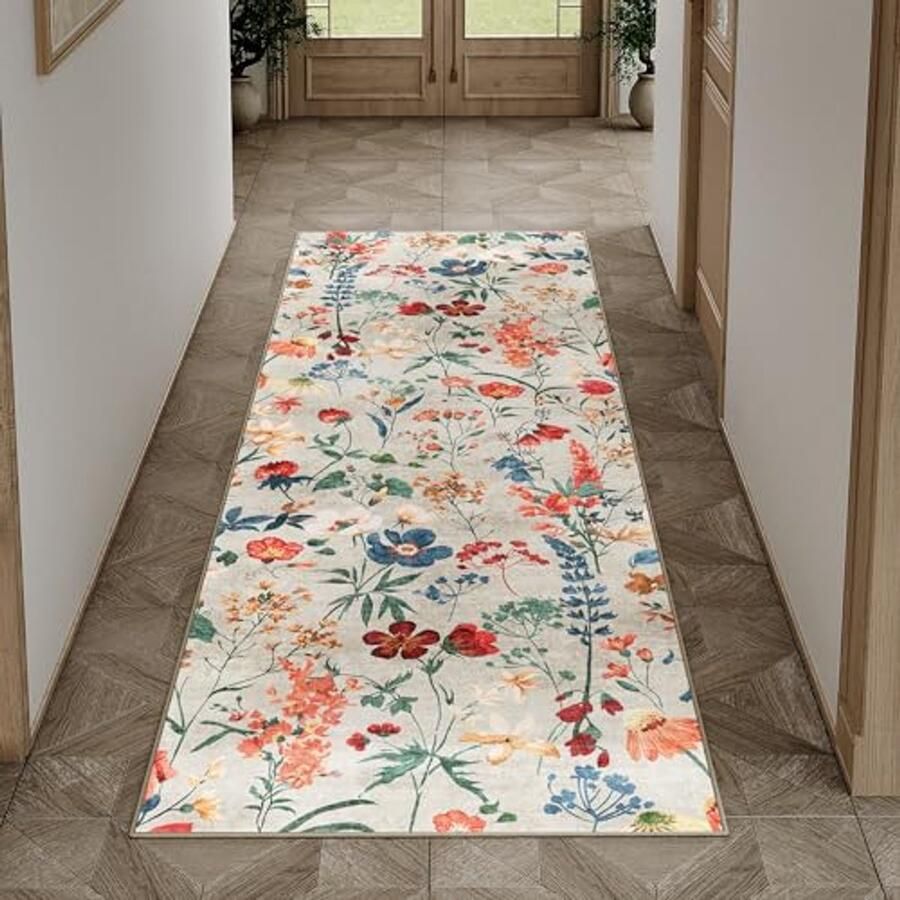 Beige Bloemen Tapijt 60x180cm Antislip Machinewasbaar Boho Vloerkleed voor Keuken en Slaapkamer