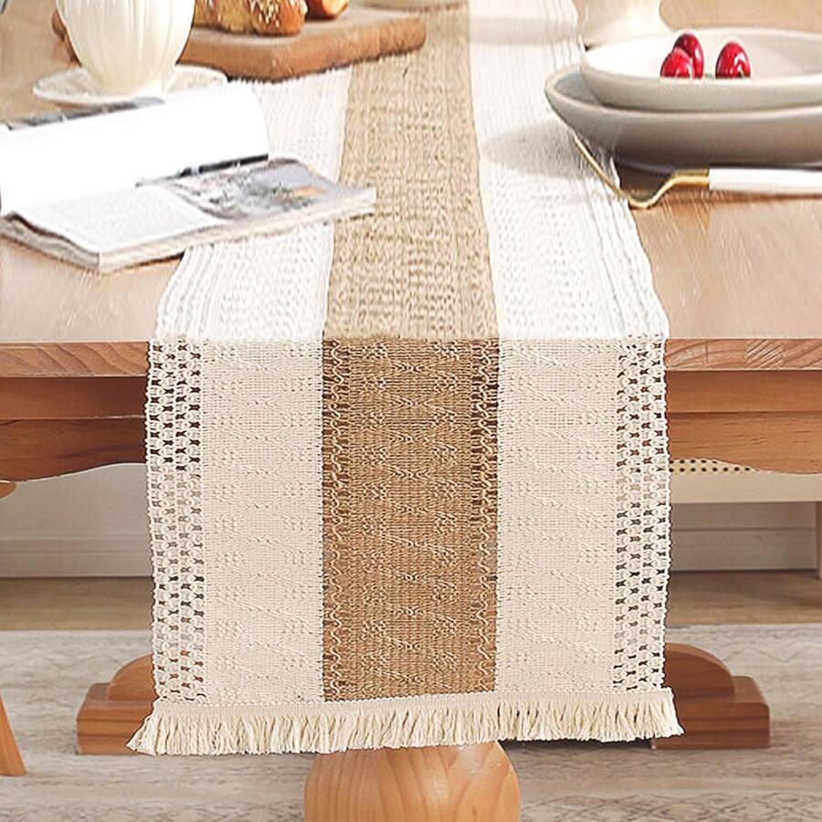 Beige crème tafelloper Bohemian stijl 1 stuk 30 x 120 cm 100% katoen en linnen