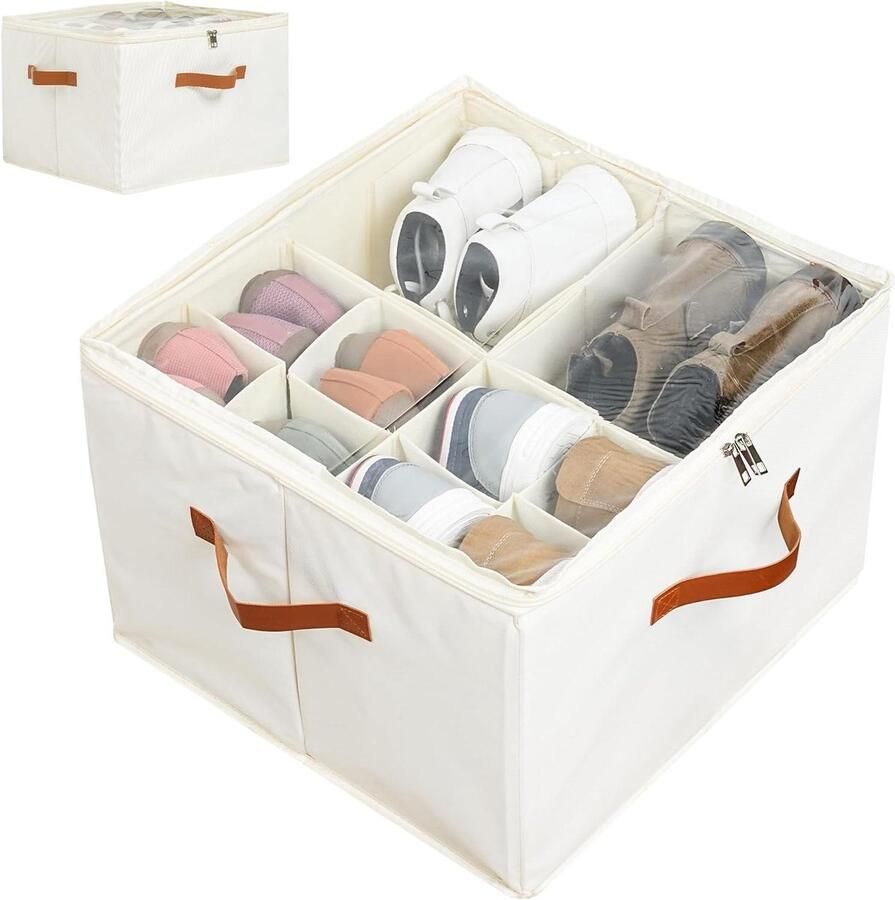 Beige Fabric Shoe Organizer for Closet Customizable Shoe Storage Container with Clear Cover and Dividers 16 Pairs of Shoes
