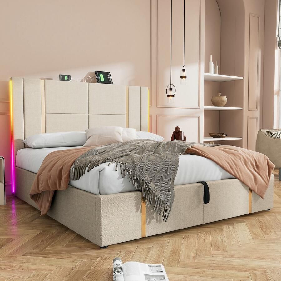 Gestoffeerd tweepersoonsbed met USB Type-C-oplaadfunctie app-bediening led-lampje 140x200 cm bedframe met opbergruimte houten lattenbodem beige linnen materiaal (matras niet inbegrepen) - Foto 2