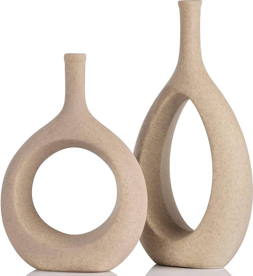 Beige keramische vaas voor pampasgras 2 stuks beige large + medium moderne kamer decoratieve donutvazen ​​mat voor bloemen pampasgras tafel boekenplank schoorsteenmantel woonkamer slaapkamer kantoor huwelijksfeest cadeau