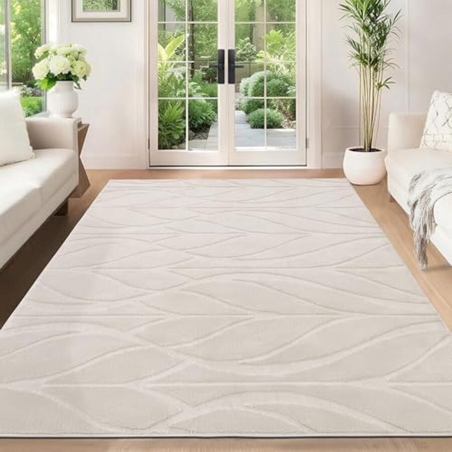 Beige laagpolig tapijt voor woonkamer en slaapkamer wasbaar en zacht antislip 3D-look 160 x 230 cm