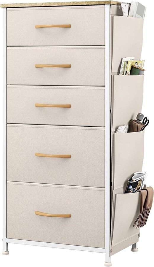 Goodivery ladenkast Stoffen 5 lades met handgrepen Dressoir met zijvakken en haken 29.8D x 45W x 94.5H cm beige