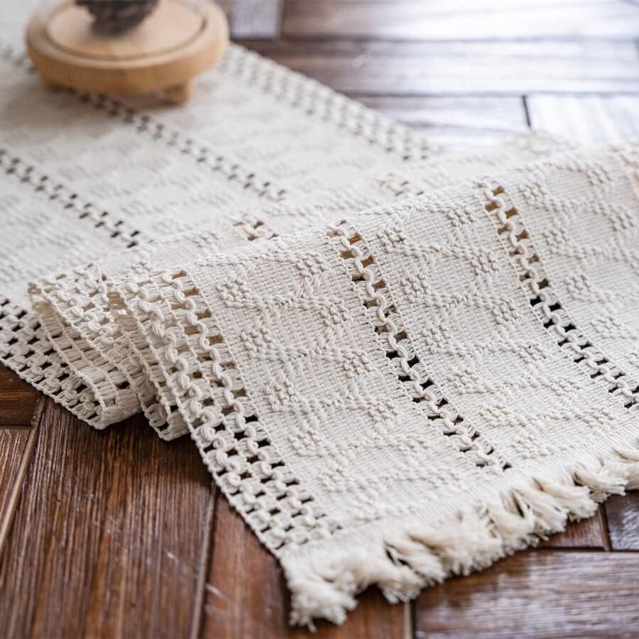 Beige macramé tafelloper boho stijl 1 stuk katoen vlas 30 x 180 cm