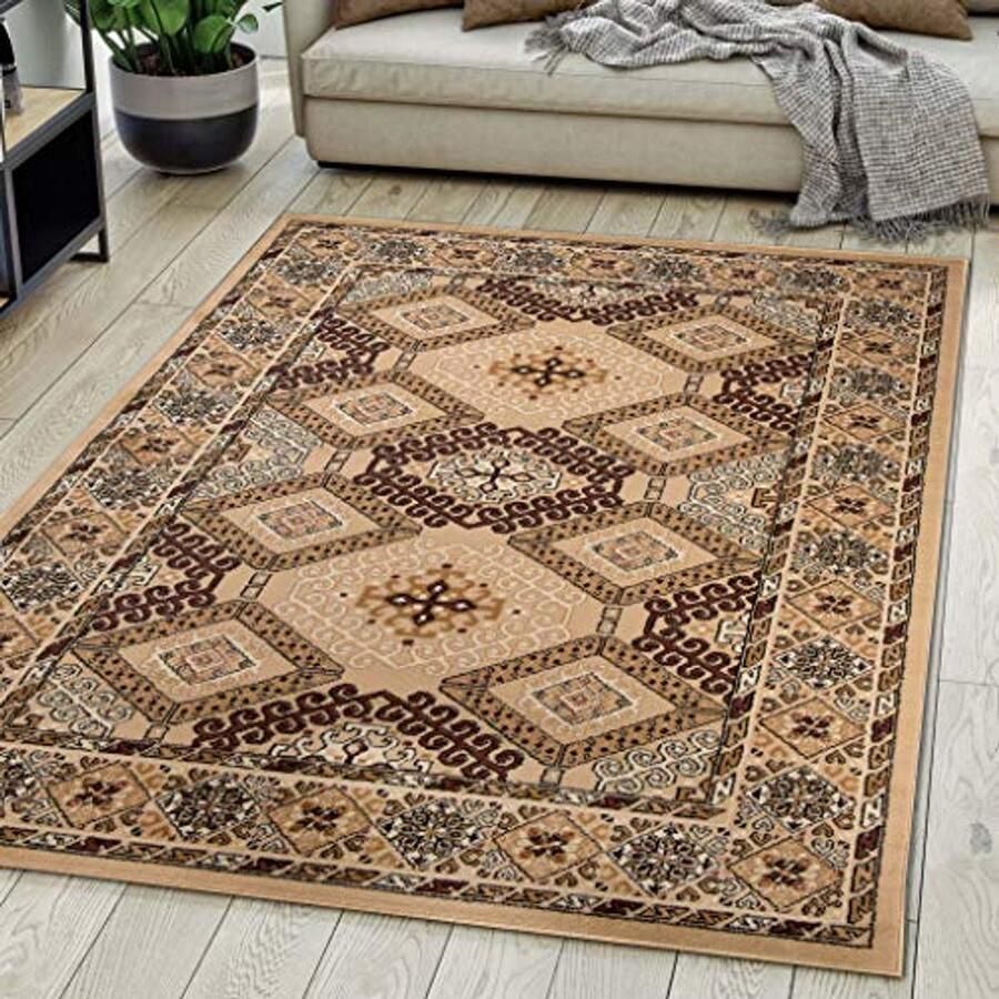 Beige Oriëntaals Vloerkleed 200x300 cm Kortpolig Tapijt voor Woonkamer Slaapkamer en Eetkamer Duurzaam en Onderhoudsvriendelijk