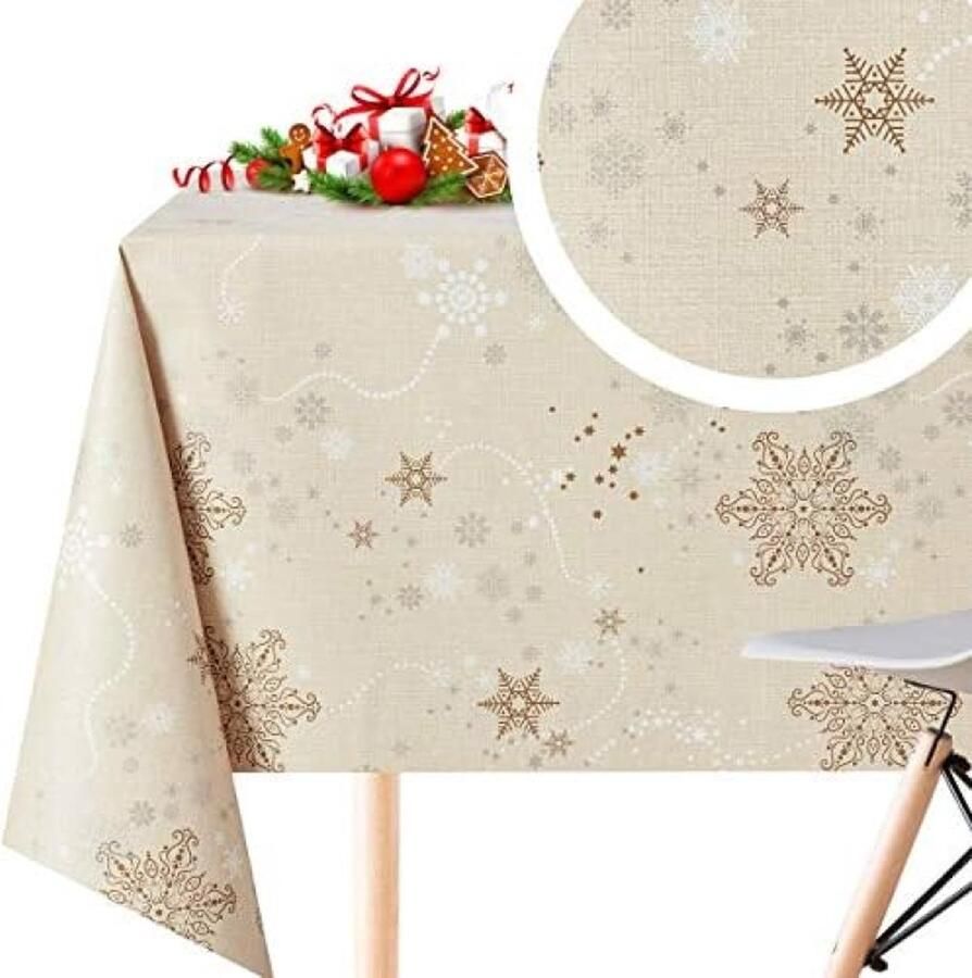 Beige PVC Tafelkleed Veeg Schoon Tafelkleed Crème Vrolijk Kerstfeest Tafelkleed Afveegbare Sneeuwvlokken Xmas 250 x 140 Rechthoek Tafelzeil Tafelkleed 8 Zitplaatsen 250x140 Waterdicht