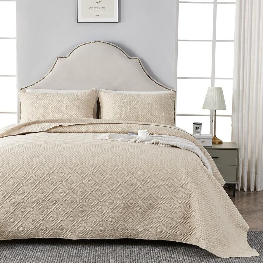 Beige Spreien Dubbele Maat 3-delig Lichtgewicht Zomer Gewatteerde Bed Spreid 100% Polyester 3D Ultrasone Quilting Technologie Sprei met Kussenslopen 220x240cm
