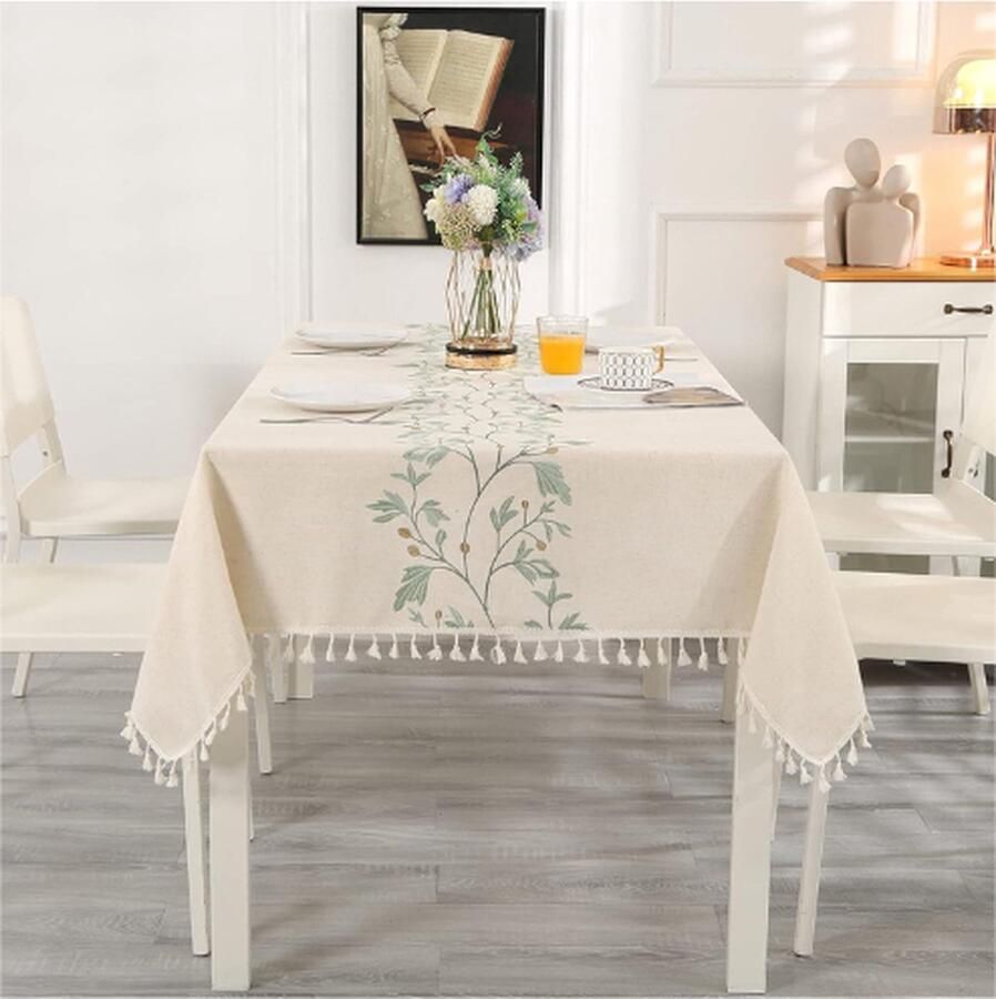 Beige Tafelkleed Rechthoekig Vlekbestendig Katoen en Linnen Wasbaar met Kwastjes Groene Bladeren Borduursels Waterafstotend Tafelkleden voor Keuken Eettafel 140 x 220 cm