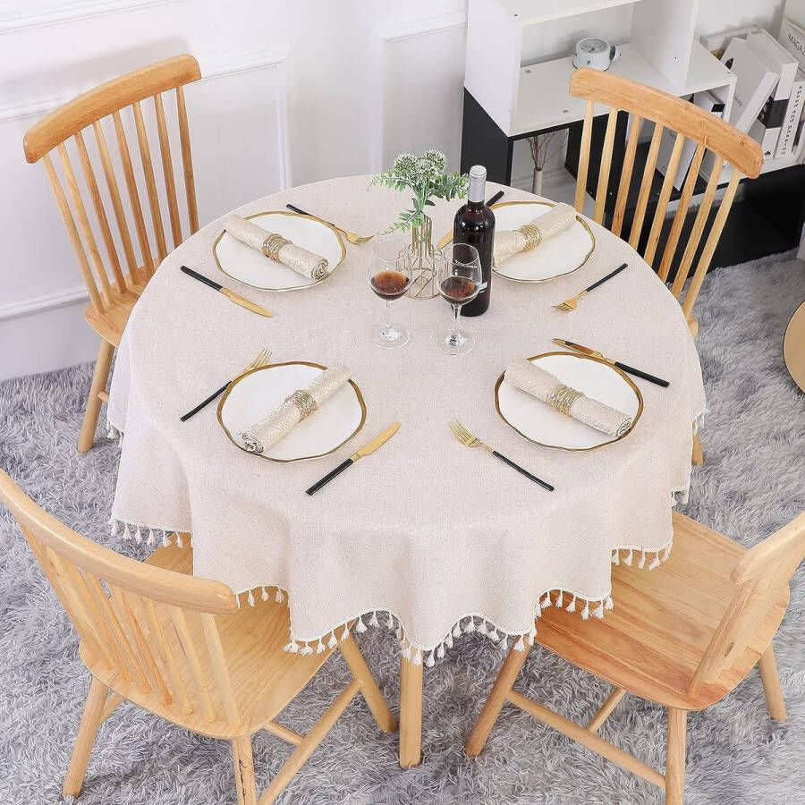 Beige tafelkleed rond 150 cm afwasbaar linnen katoen kreukvrij stofdicht met kwastjes voor keuken eetkamer eettafel salontafel tuintafel