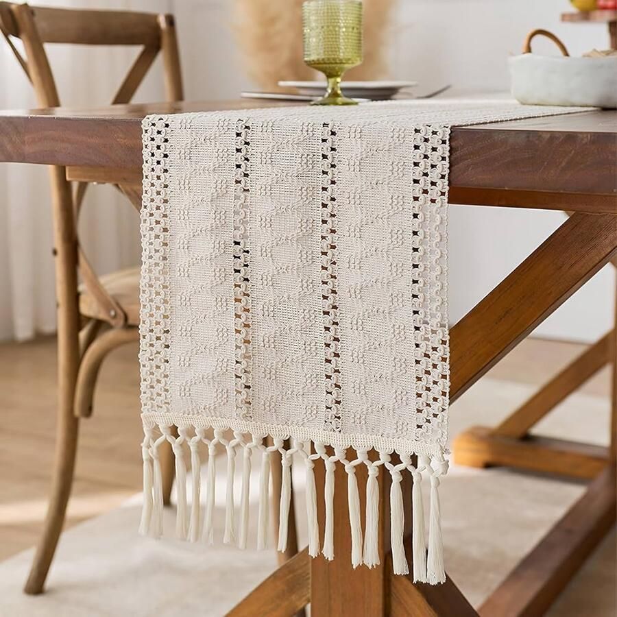 Beige Tafelloper Boho Stijlvolle decoratie 1 stuk Katoenmix 30 x 140 cm