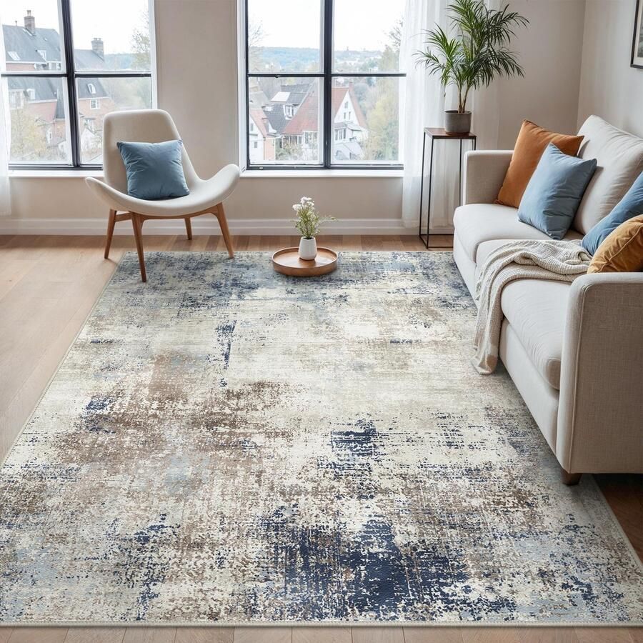 BEIMO wasbaar tapijt woonkamer abstract design tapijt slaapkamer kortpolig groot tapijt antislip zacht voor badkamer eetkamer gang blauw 160x230cm