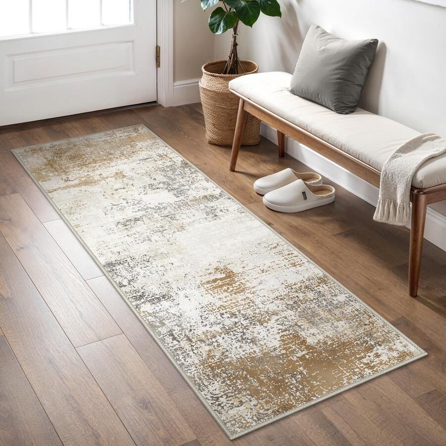 BEIMO wasbaar vloerkleed voor de woonkamer abstract design vloerkleed voor de slaapkamer kortpolig groot antislip zacht vloerkleed voor badkamer eetkamer gang karamelgrijs 60x120cm