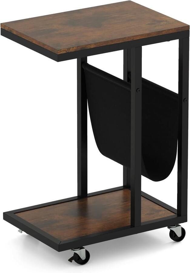 Beistelltisch op Wielen – C-vormige Salontafel met Opbergvak Metaalframe Industrieel Design Voor Koffie en Laptop
