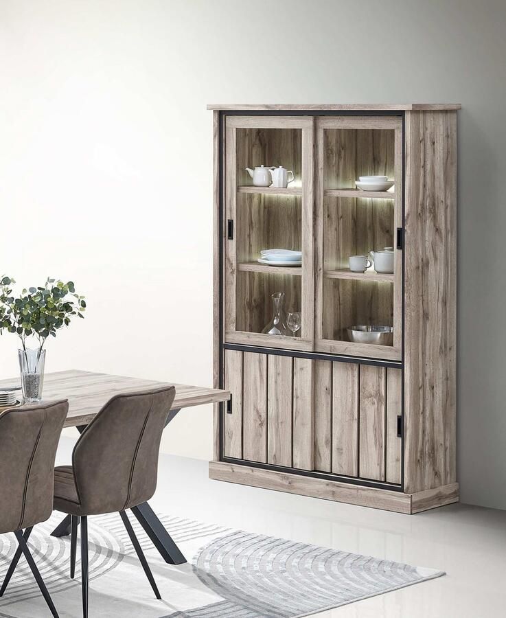 Belfurn Vitrinekast Elena 126 cm – Canada eik decor met zwarte accenten en LED-verlichting