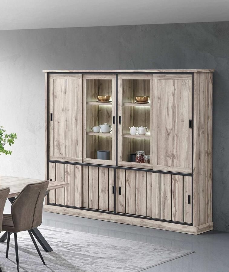 Belfurn Vitrinekast Elena 240 cm – Canada eik decor met LED-verlichting
