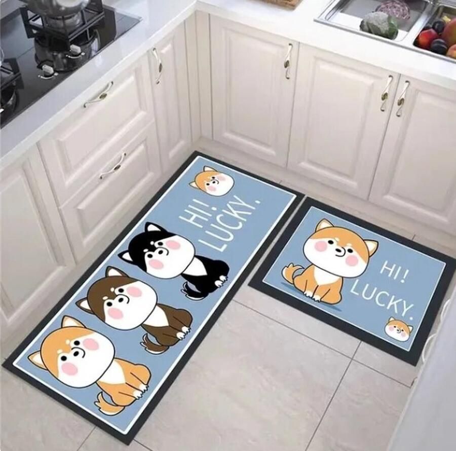 BELHOME- BH-107 Hi Lucky Written kinderkamertapijt modern keukentapijt antislip voor woonkamer balkon badkamer hal duurzaam wasbaar goedkoopste geometrisch bedrukt 40*60cm en 65*180cm dubbele deurmatset