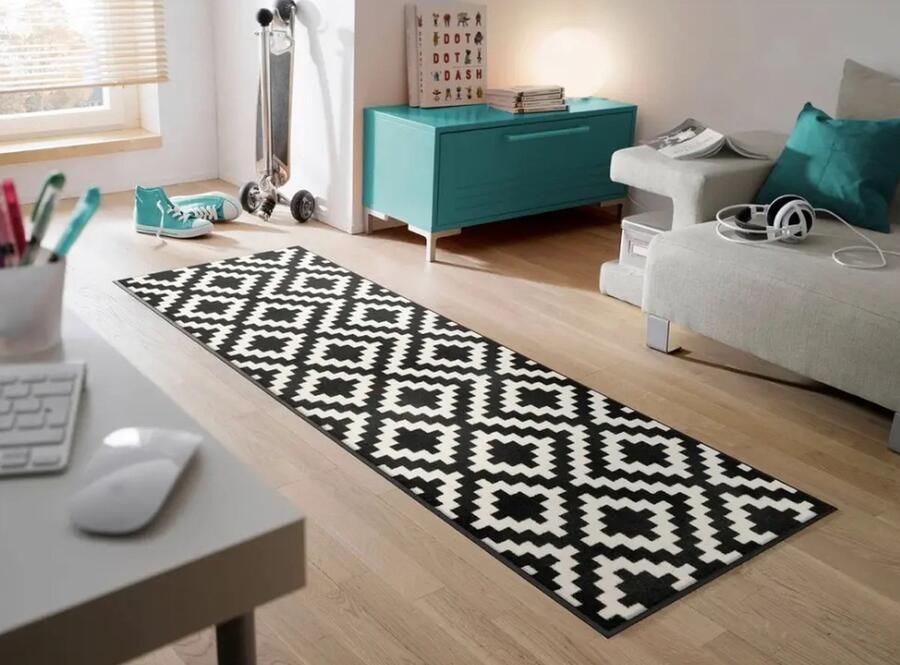 BELHOME- BH-127 Zwart-wit wasbare tapijtset met geometrisch patroon voor entree woonkamer en keuken antislip duurzaam wasbaar goedkoopste geometrisch bedrukte 40x60 cm en 65x180 cm tapijtset voor balkon badkamer en gang