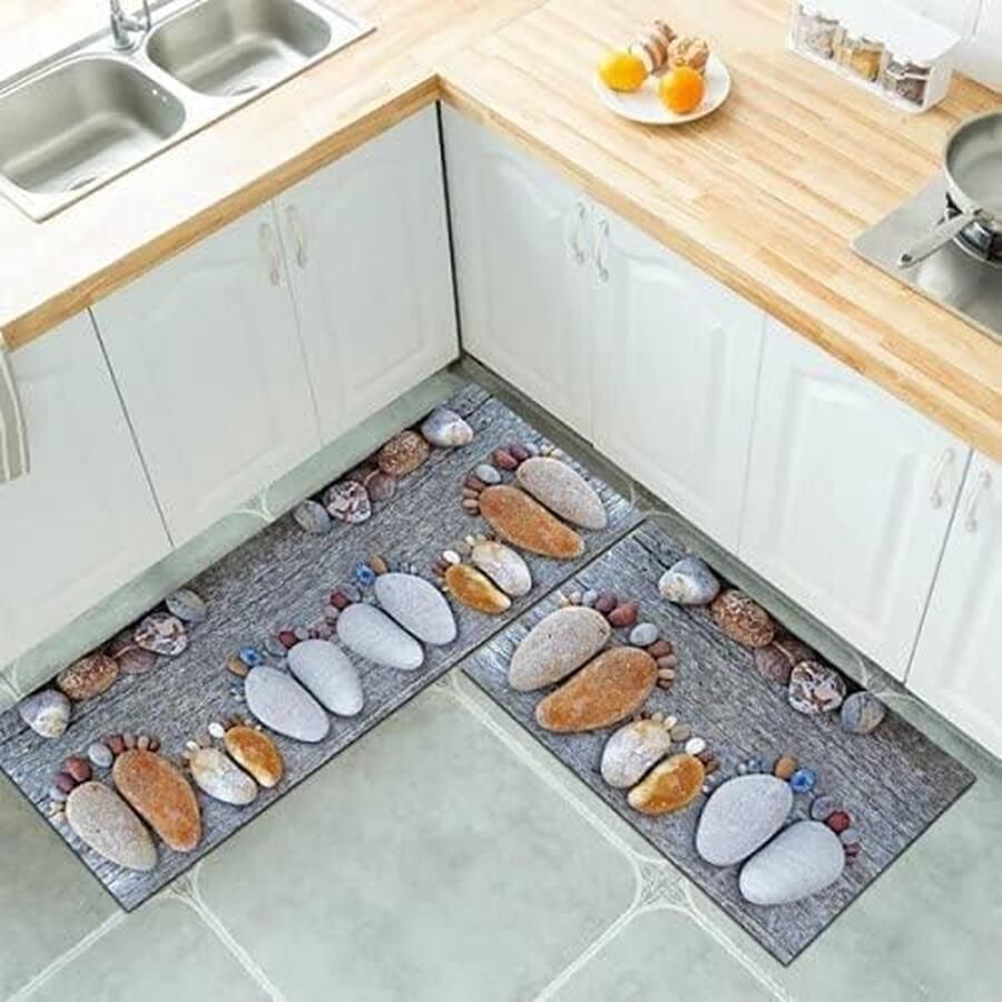 BELHOME- BH-135 Wasbare tapijtset met steen- en voetpatroon voor entree hal woonkamer en keuken antislip duurzaam wasbaar goedkoopste geometrische print 40x60 cm en 65x180 cm tapijtset voor balkon badkamer en gang
