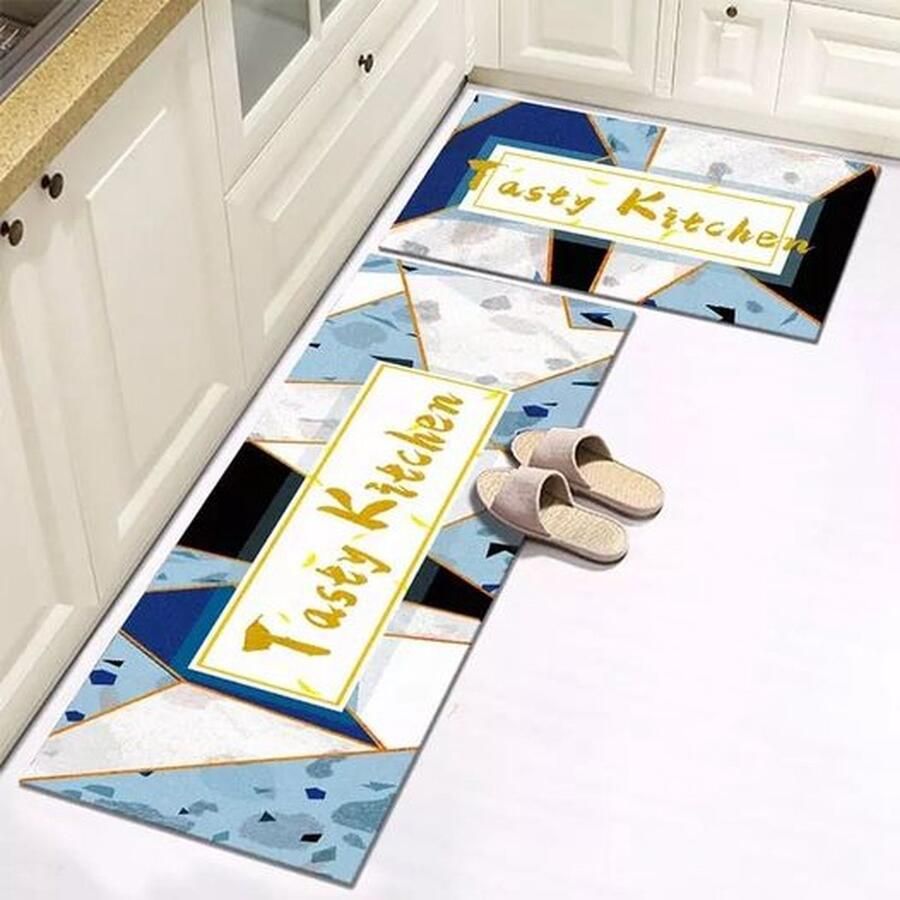 BELHOME-BH-151 Modern keukentapijt met geometrisch patroon met opschrift Tasty Kitchen wasbare tapijtset voor de keuken antislip duurzaam wasbaar goedkoopste geometrisch bedrukt 40x60 cm en 65x180 cm balkon- badkamer- en gangtapijtset