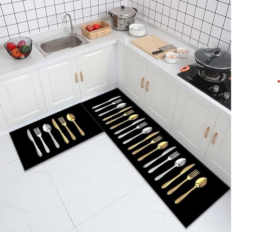 BELHOME- BH-51 Bestek-mes-lepel bedrukt modern keukentapijt antislip duurzaam wasbaar goedkoopste geometrisch bedrukt 40 * 60 cm en 65 * 180 cm set van twee tapijten voor woonkamer balkon badkamer en hal