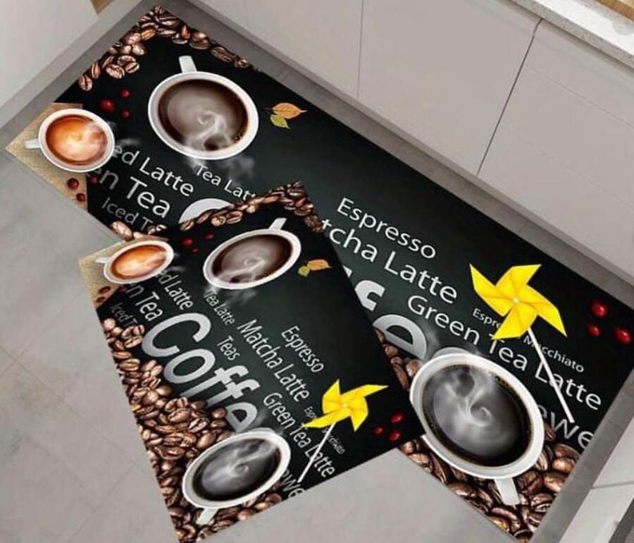 BELHOME- BH-53 Koffie Koffiebonen bedrukt modern keukentapijt voor woonkamer balkon badkamer hal antislip duurzaam wasbaar goedkoopste geometrisch bedrukt 40 * 60 cm en 65 * 180 cm dubbele tapijtset